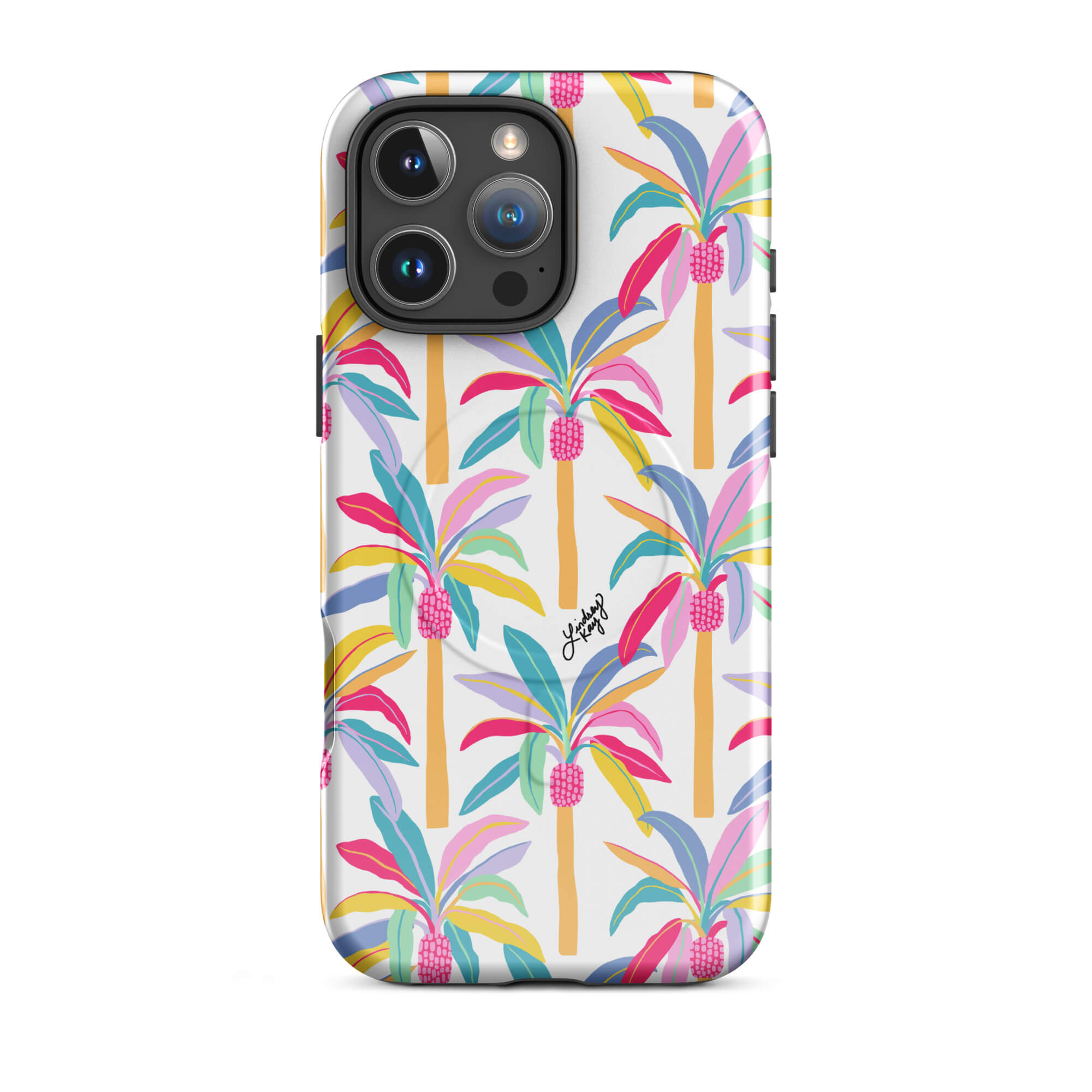 Pastel hand illustrated palm tree iPhone case – durable MagSafe phone case with tropical retro girly design by Lindsey Kay Collective